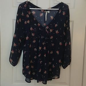 Flowy Blouse / Tunic Blue With Flowers XL Sheer